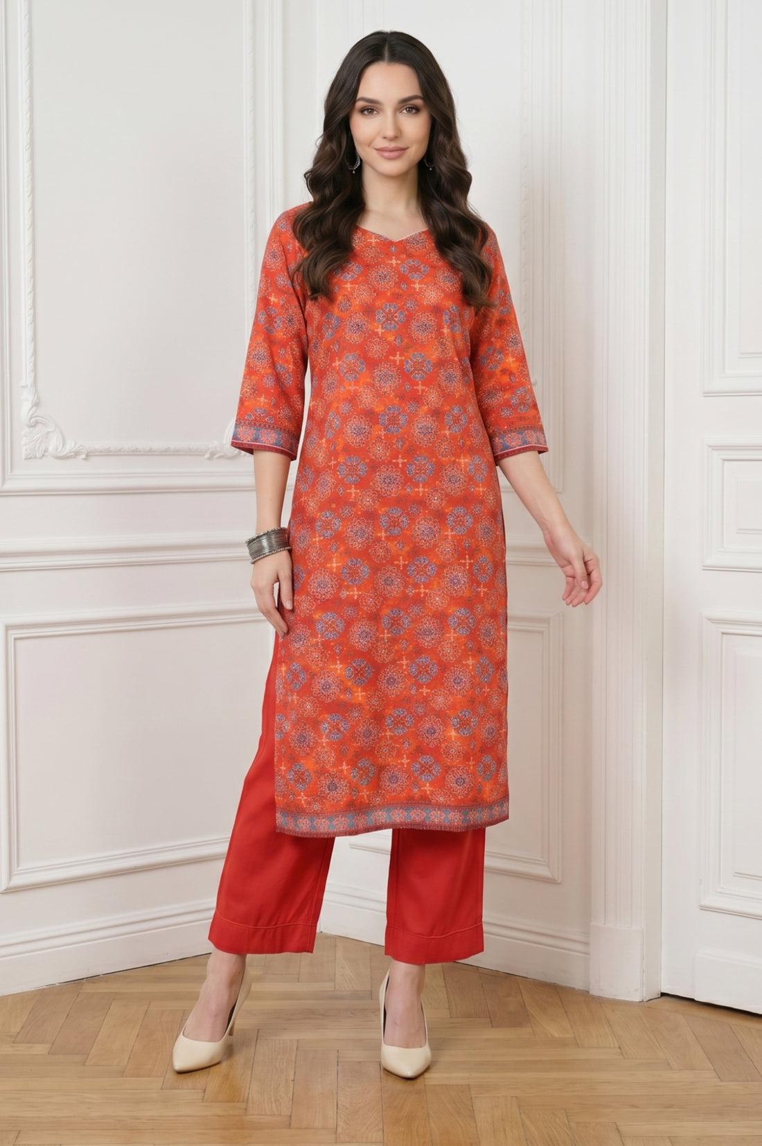 Rust Red Ethnic Motifs Straight Kurta