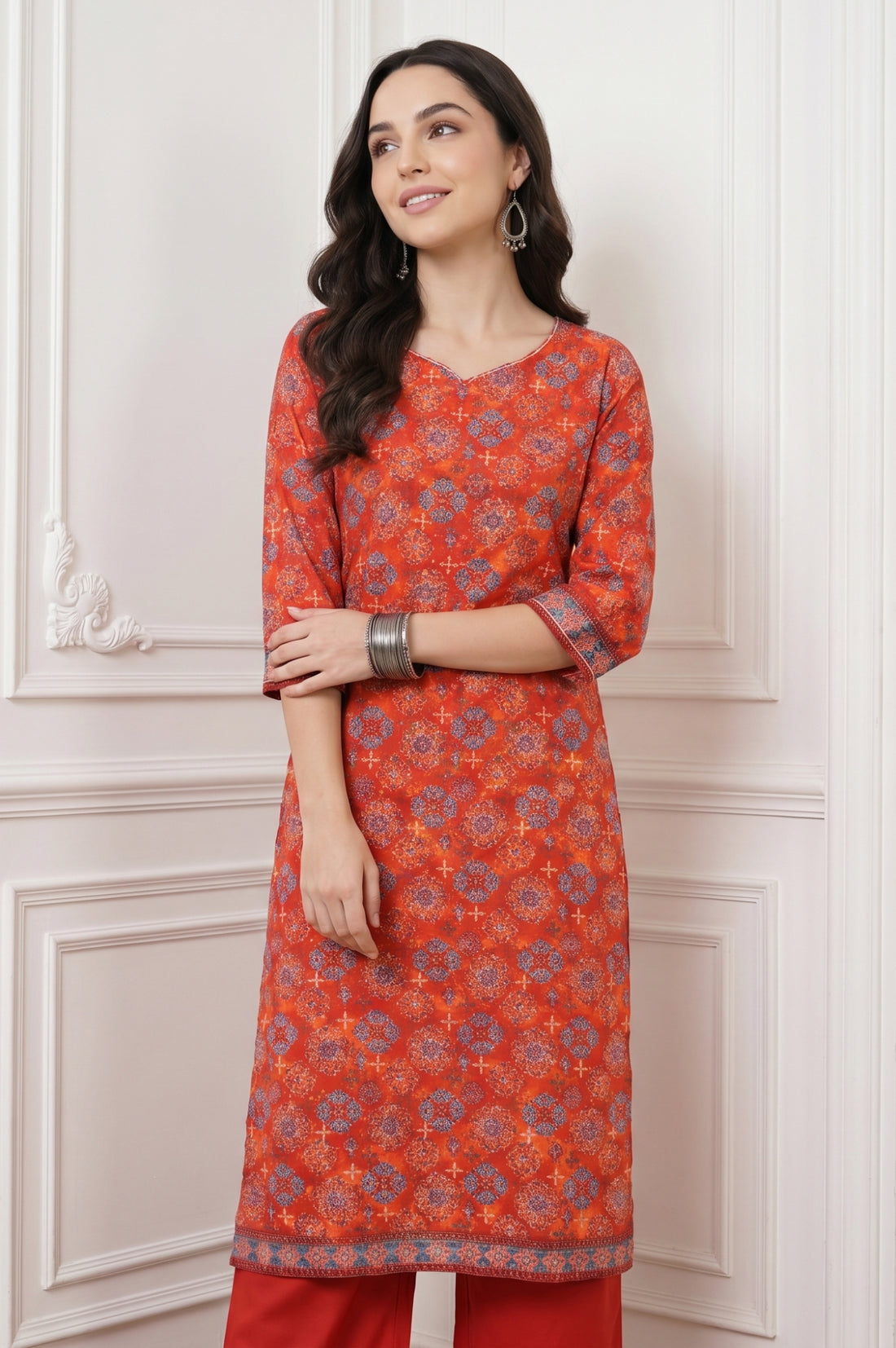 Rust Red Ethnic Motifs Straight Kurta