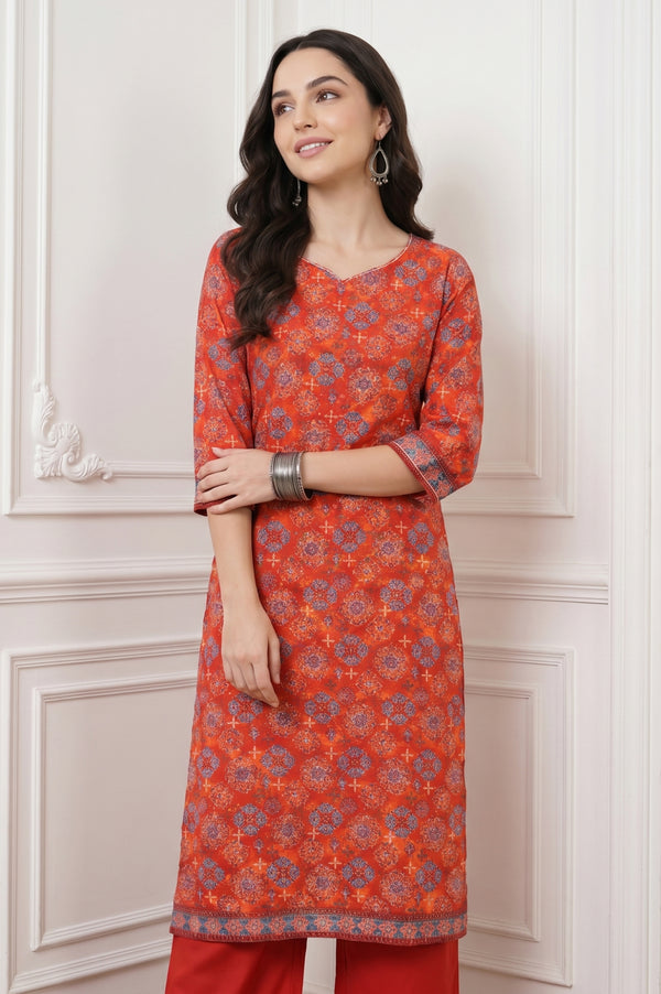 Rust Red Ethnic Motifs Straight Kurta