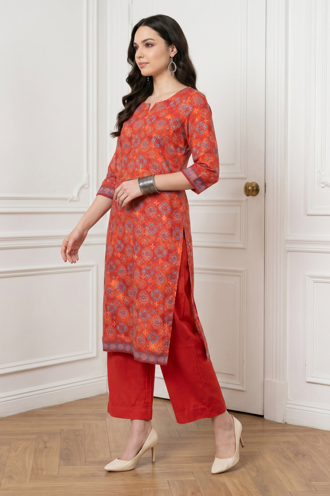 Rust Red Ethnic Motifs Straight Kurta