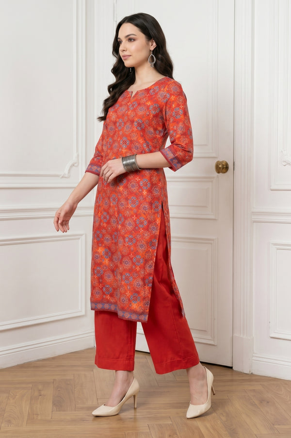 Rust Red Ethnic Motifs Straight Kurta