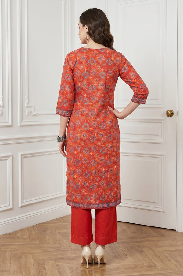 Rust Red Ethnic Motifs Straight Kurta