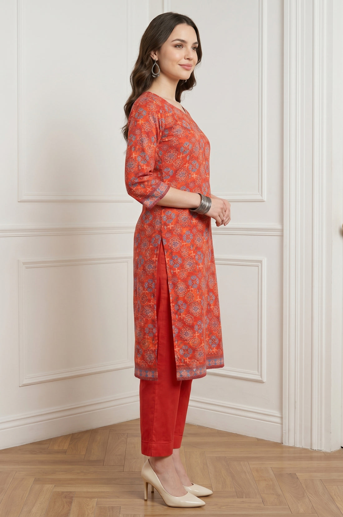 Rust Red Ethnic Motifs Straight Kurta