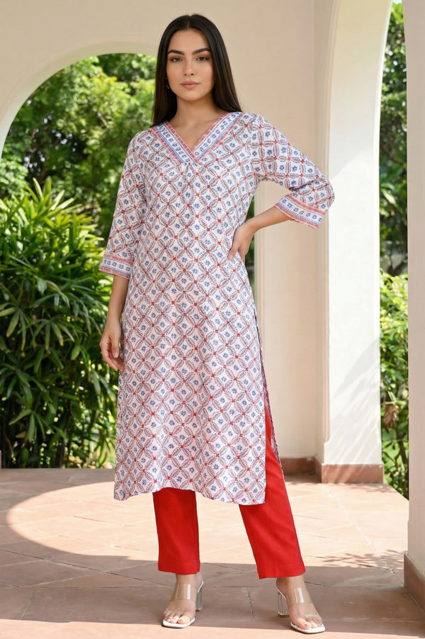 Off White Geometric Printed Straight Kurta