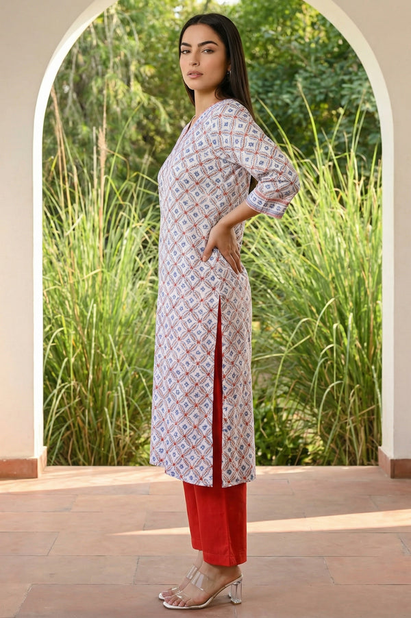 Off White Geometric Printed Straight Kurta