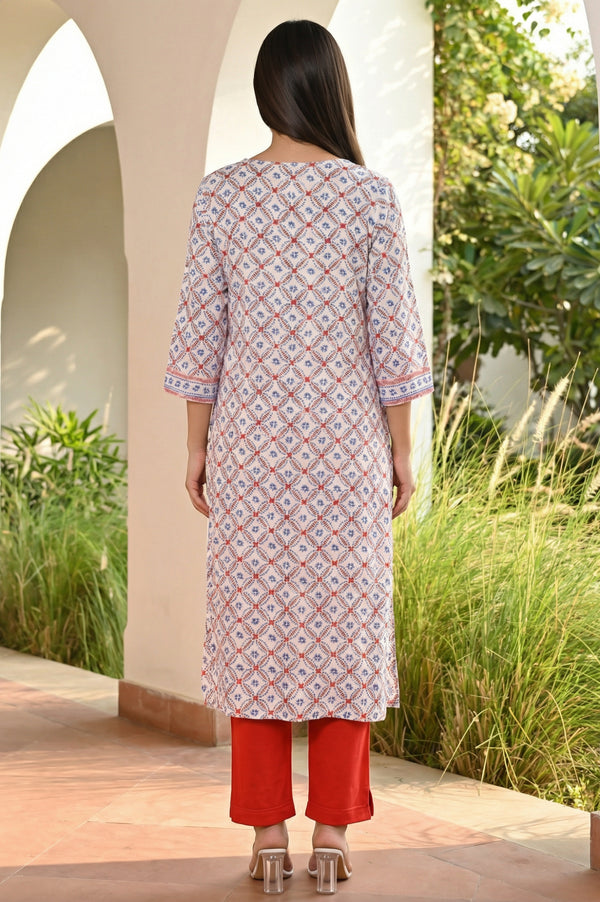 Off White Geometric Printed Straight Kurta
