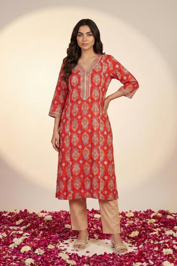 Red Ethnic Motifs Zari Embroidered Straight Kurta