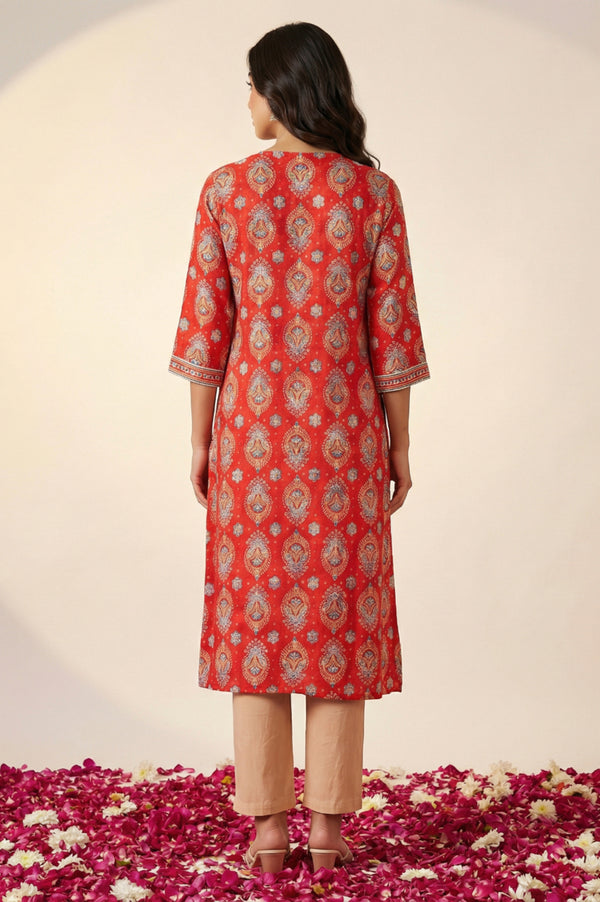 Red Ethnic Motifs Zari Embroidered Straight Kurta