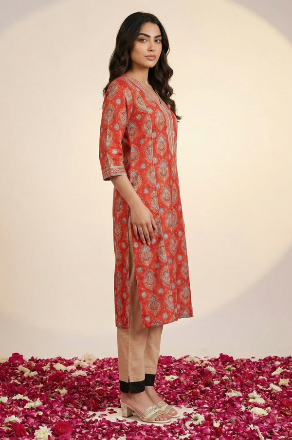 Red Ethnic Motifs Zari Embroidered Straight Kurta