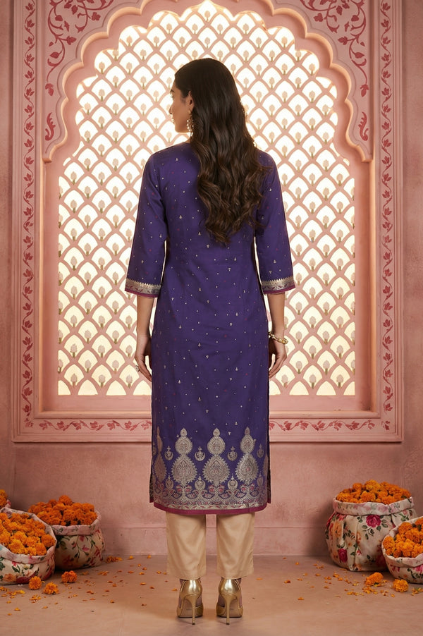 Purple Foil Printed Sequins Straight Kurta