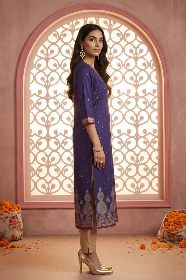 Purple Foil Printed Sequins Straight Kurta
