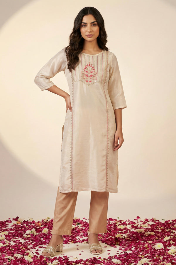 Beige Embroidered Sequins Straight Kurta