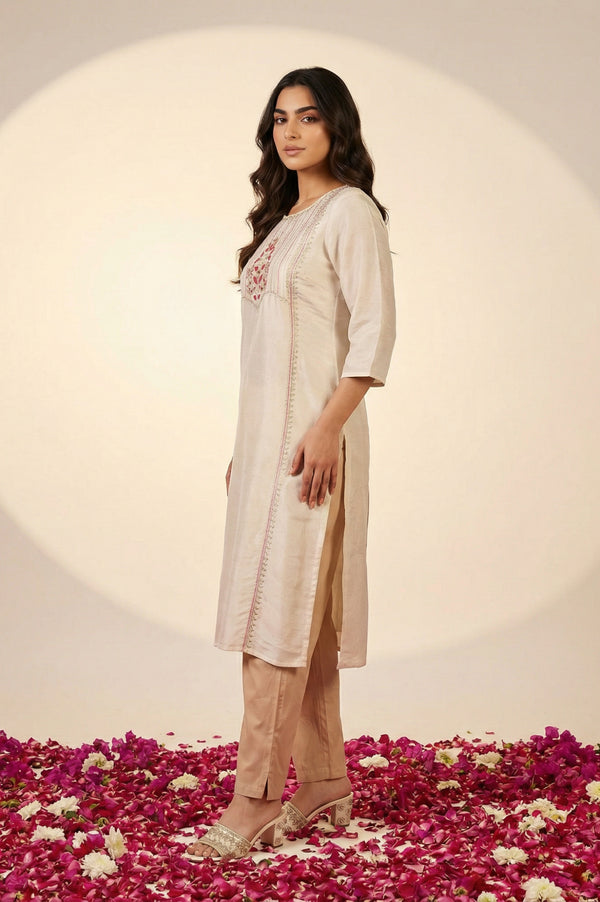 Beige Embroidered Sequins Straight Kurta