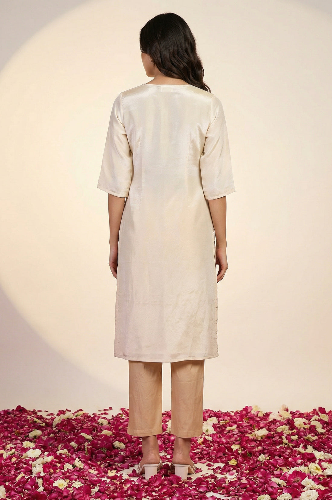 Beige Embroidered Sequins Straight Kurta