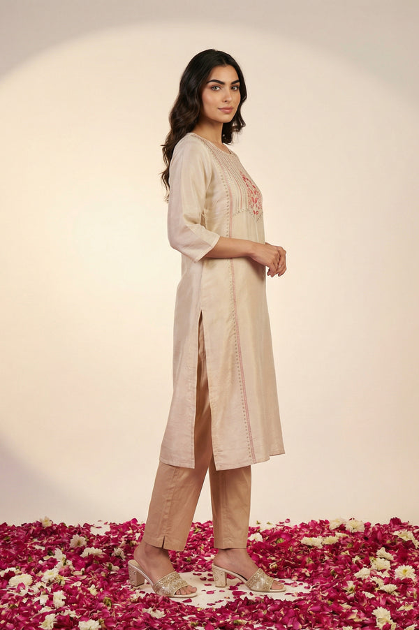 Beige Embroidered Sequins Straight Kurta