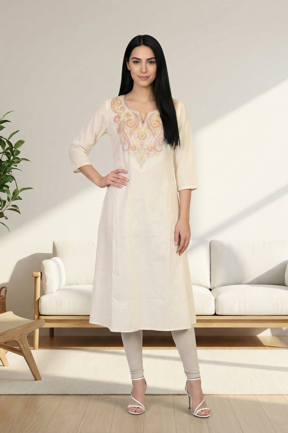 Cream Yarn Dyed Embroidered Straight Kurta - XS