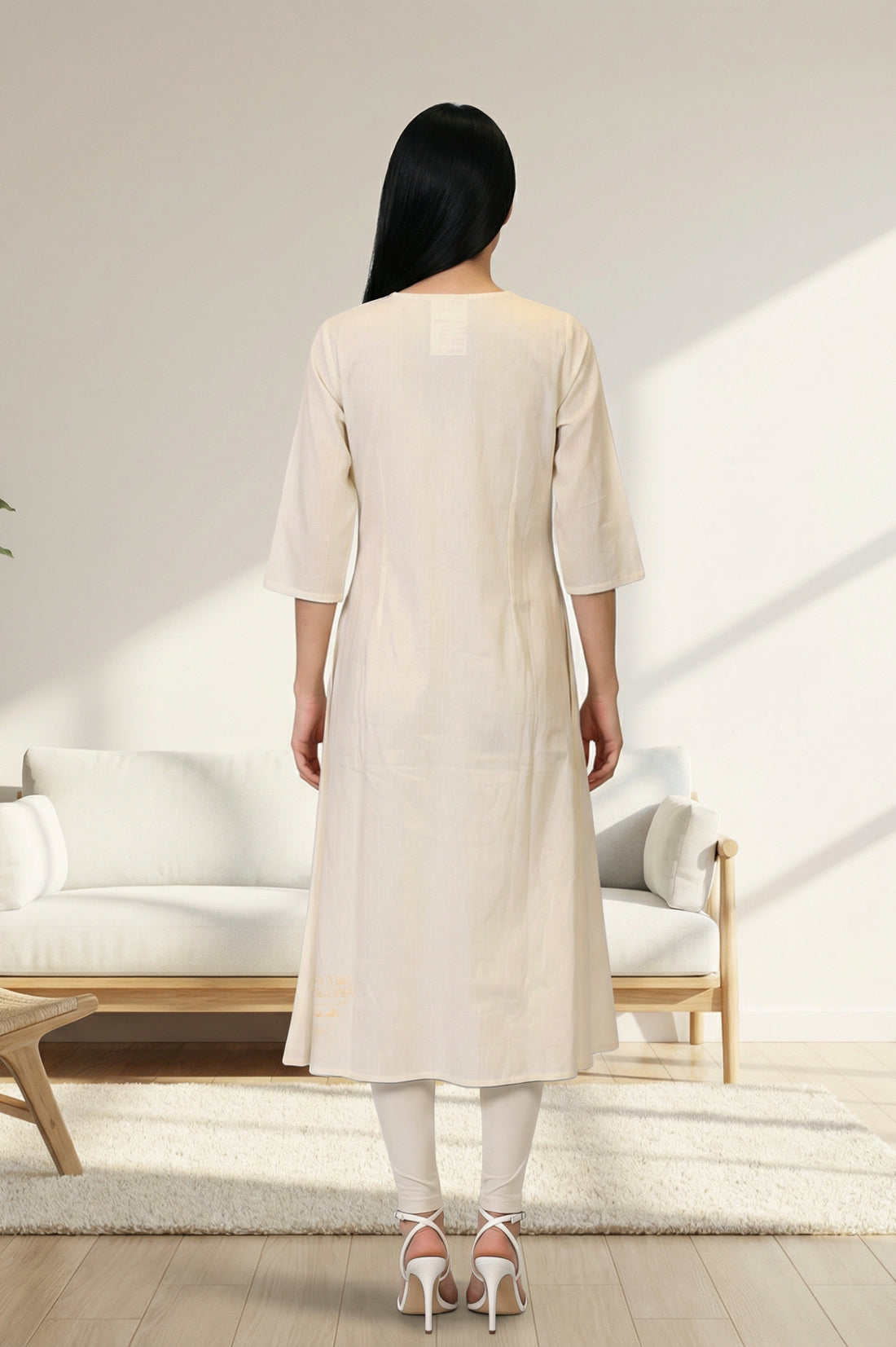 Cream Yarn Dyed Embroidered Straight Kurta