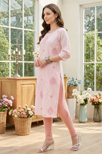 Pink Chanderi Thread Embroidered Straight Kurta
