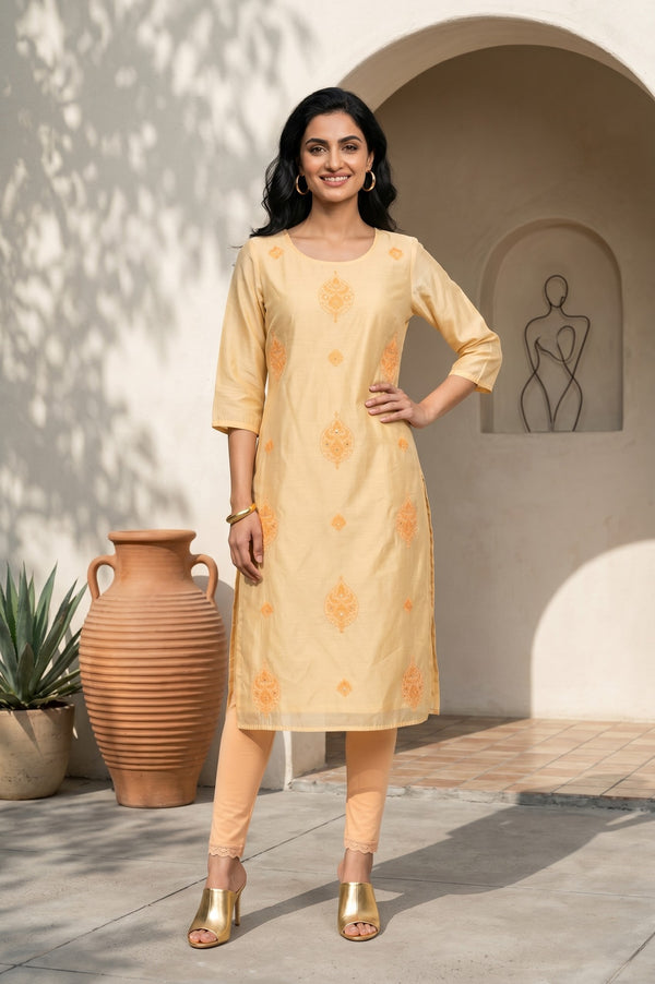 Yellow Embroidered Chanderi Straight Kurta