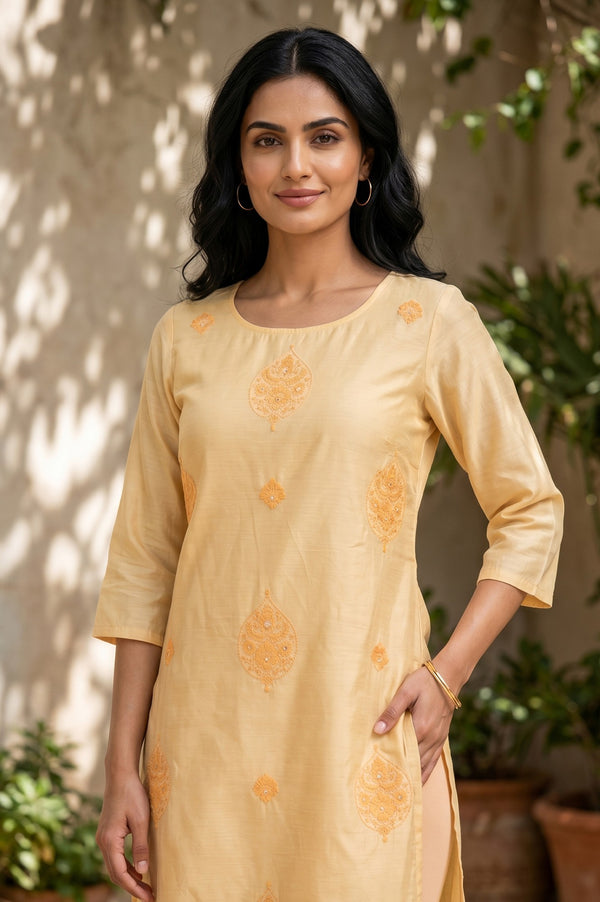 Yellow Embroidered Chanderi Straight Kurta