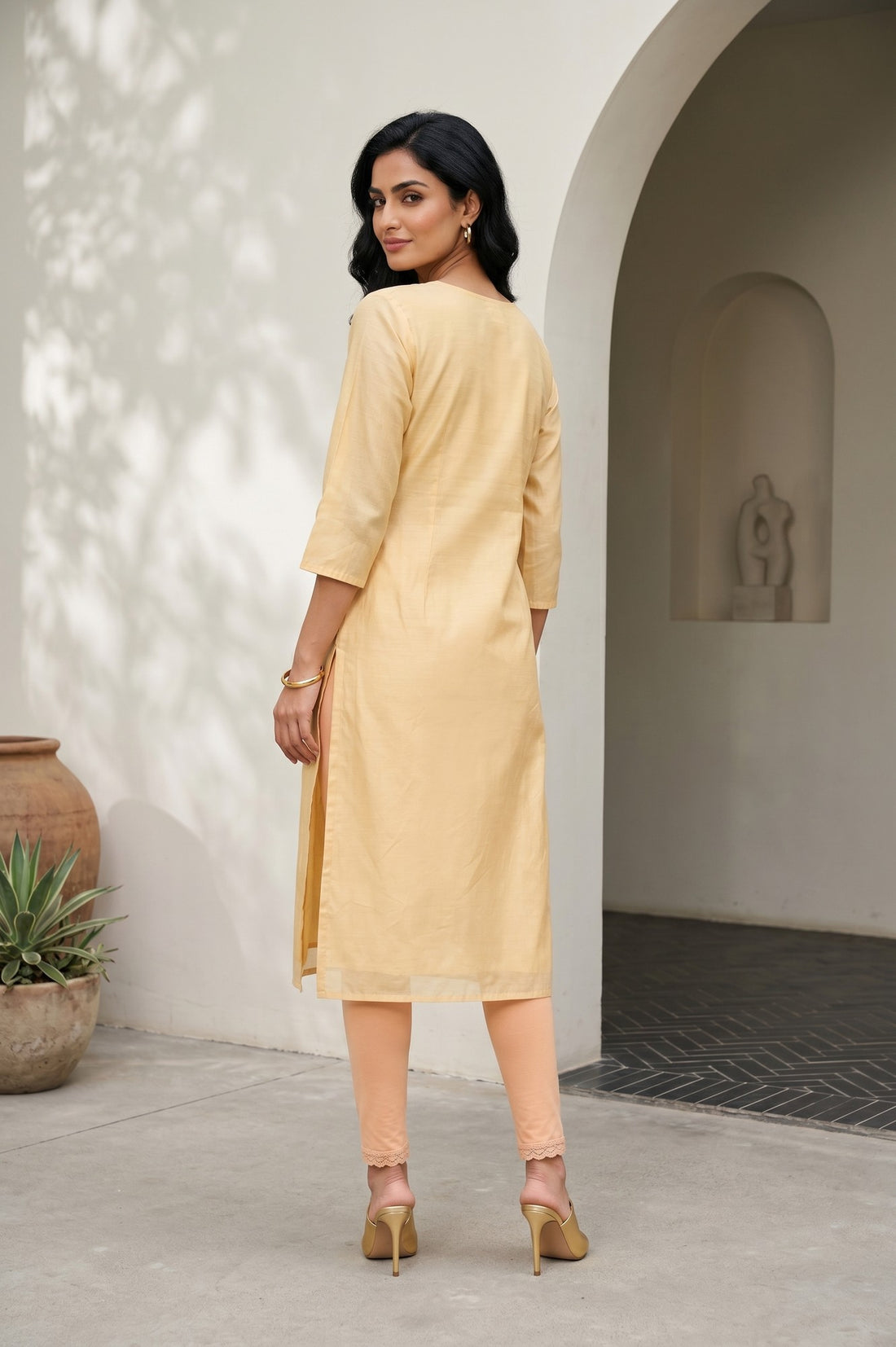 Yellow Embroidered Chanderi Straight Kurta