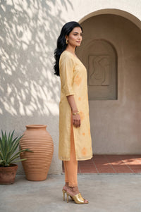Yellow Embroidered Chanderi Straight Kurta