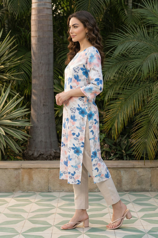 White Floral Printed Straight Kurta
