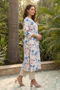 White Floral Printed Straight Kurta