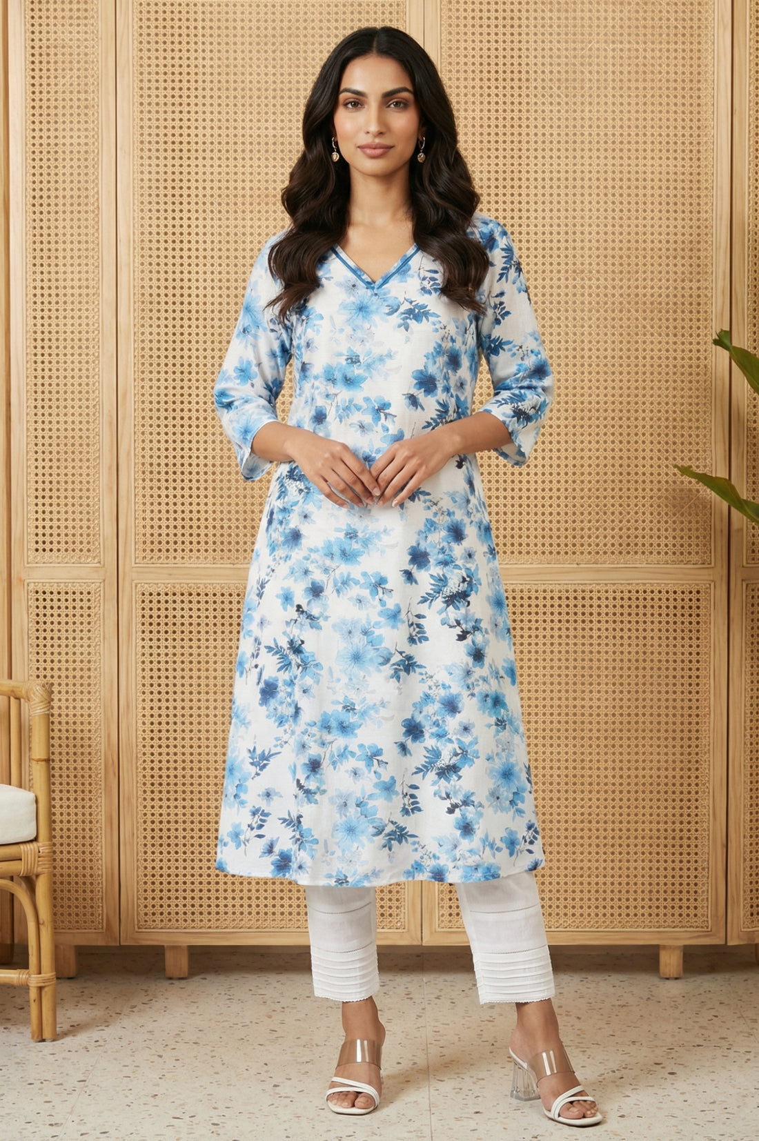 White Floral Printed A-line Kurta