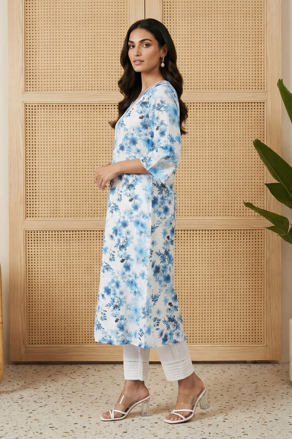 White Floral Printed A-line Kurta