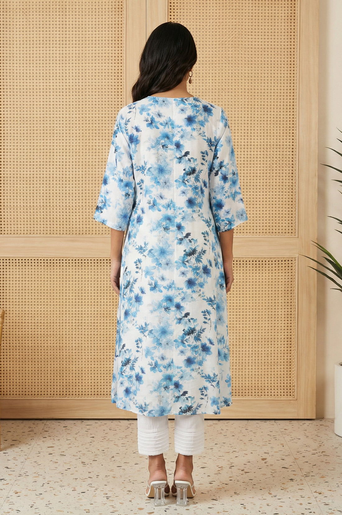 White Floral Printed A-line Kurta