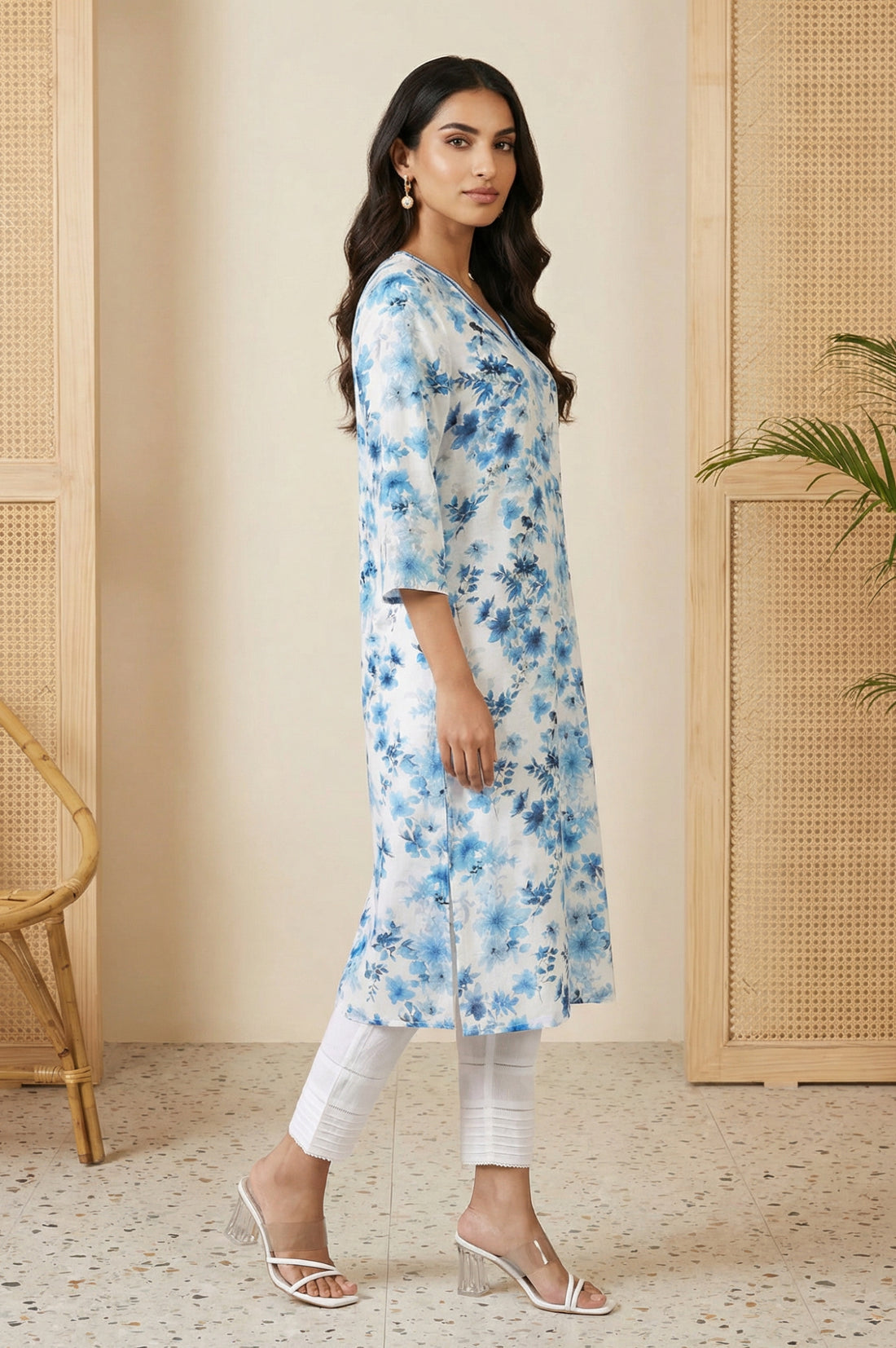White Floral Printed A-line Kurta