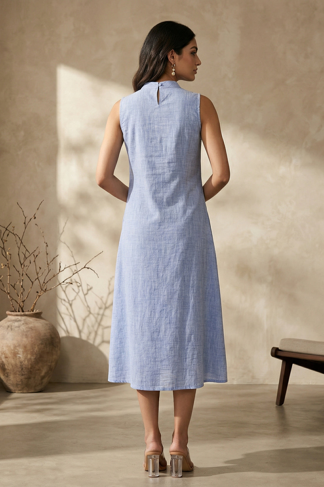 Blue Yarn Dyed Embroidered Pure Cotton A-line Dress