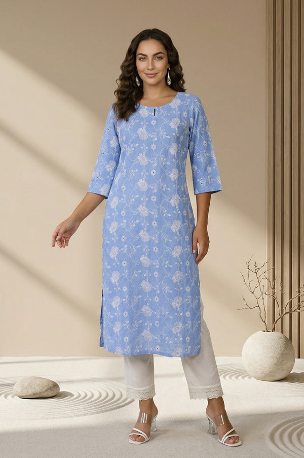 Blue Thread Embroidered Schiffly Pure Cotton Straight Kurta