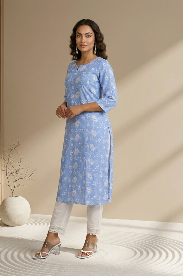 Blue Thread Embroidered Schiffly Pure Cotton Straight Kurta