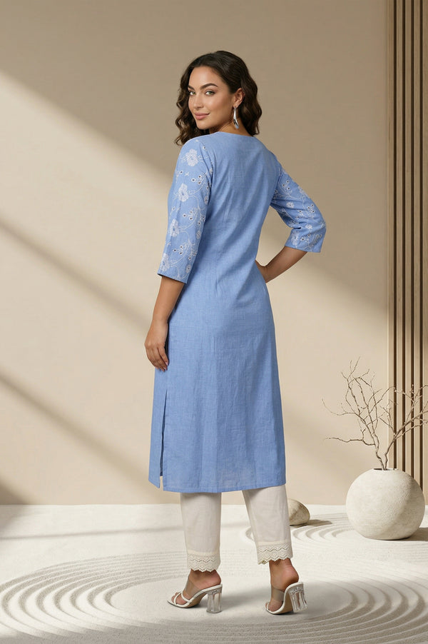 Blue Thread Embroidered Schiffly Pure Cotton Straight Kurta
