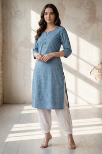 Blue Solid Yarn Dyed Pure Cotton Straight Kurta