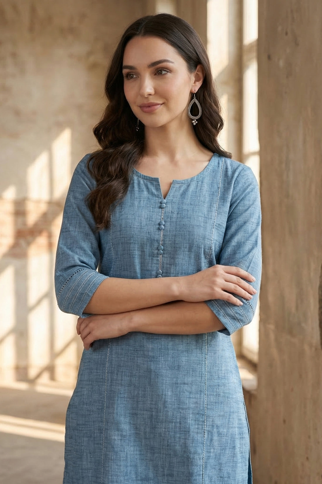 Blue Solid Yarn Dyed Pure Cotton Straight Kurta