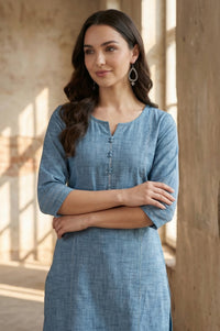 Blue Solid Yarn Dyed Pure Cotton Straight Kurta