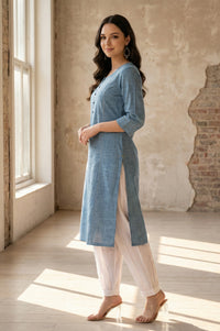 Blue Solid Yarn Dyed Pure Cotton Straight Kurta