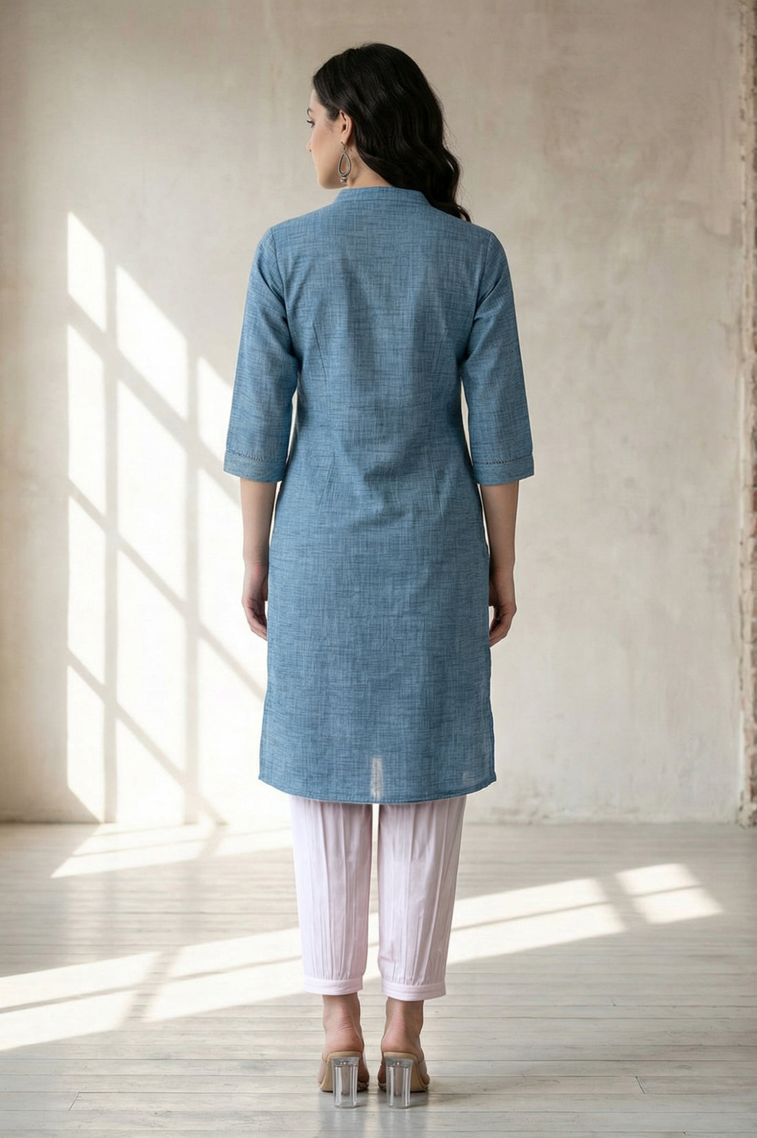 Blue Solid Yarn Dyed Pure Cotton Straight Kurta
