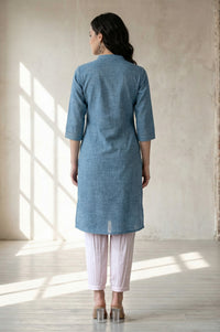 Blue Solid Yarn Dyed Pure Cotton Straight Kurta