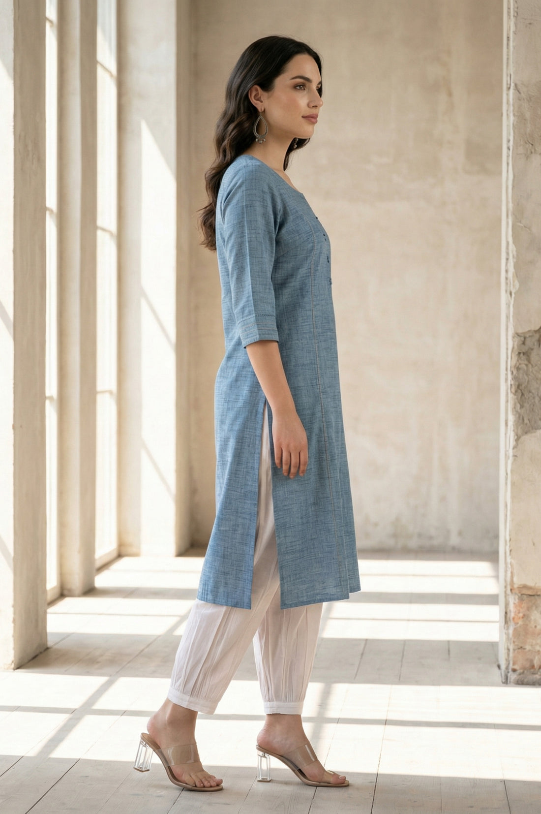 Blue Solid Yarn Dyed Pure Cotton Straight Kurta