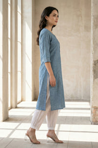 Blue Solid Yarn Dyed Pure Cotton Straight Kurta