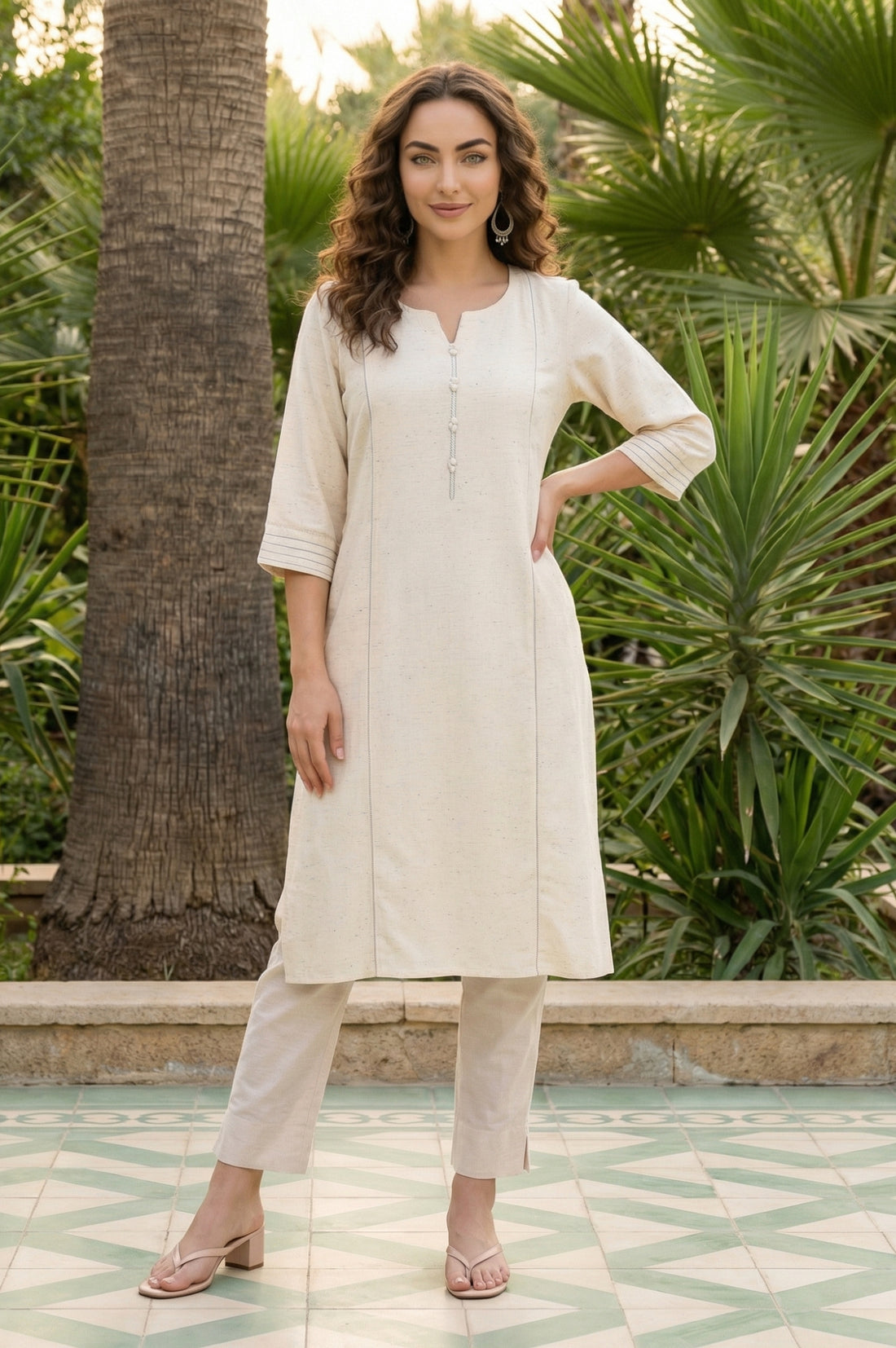 Beige Solid Yarn Dyed Cotton Blend Straight Kurta
