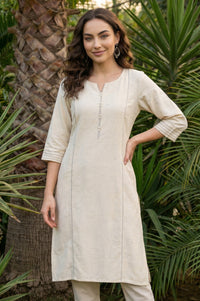 Beige Solid Yarn Dyed Cotton Blend Straight Kurta