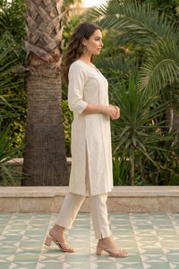 Beige Solid Yarn Dyed Cotton Blend Straight Kurta