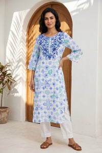 Off White Floral Printed Pure Cotton Straight Kurta