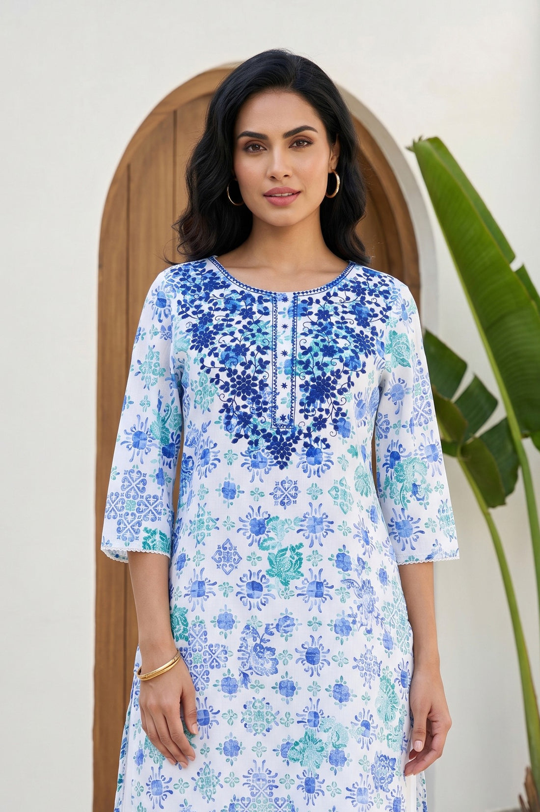 Off White Floral Printed Pure Cotton Straight Kurta