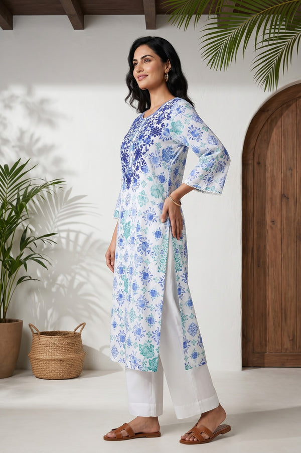 Off White Floral Printed Pure Cotton Straight Kurta